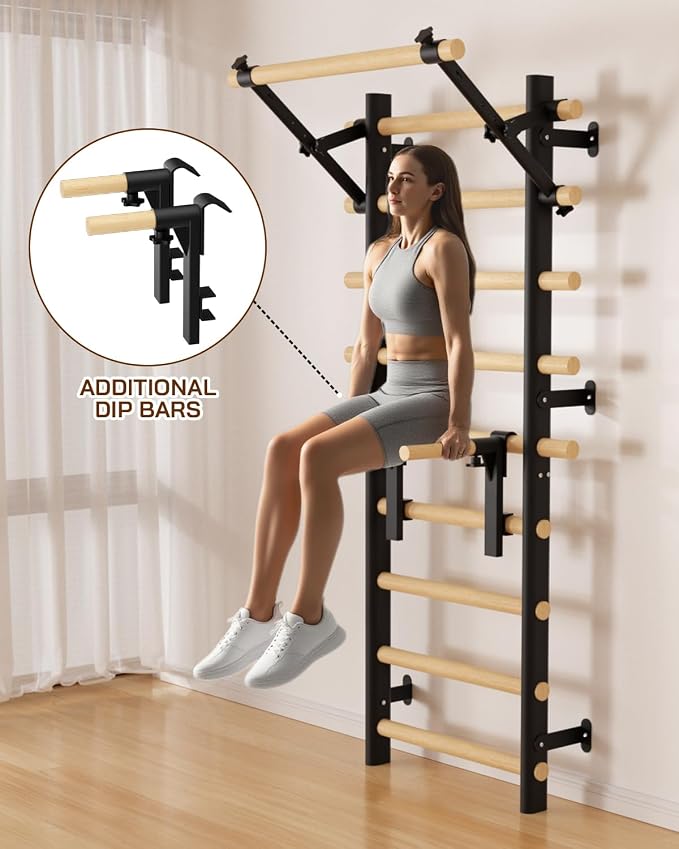 Swedish Ladder Wall Gym, Wooden Wall-Mounted Stall Bars with Pull-up Bar & Exercise Straps & Dip Bars, Stretching Ladder Full Body Home Gym Adults New