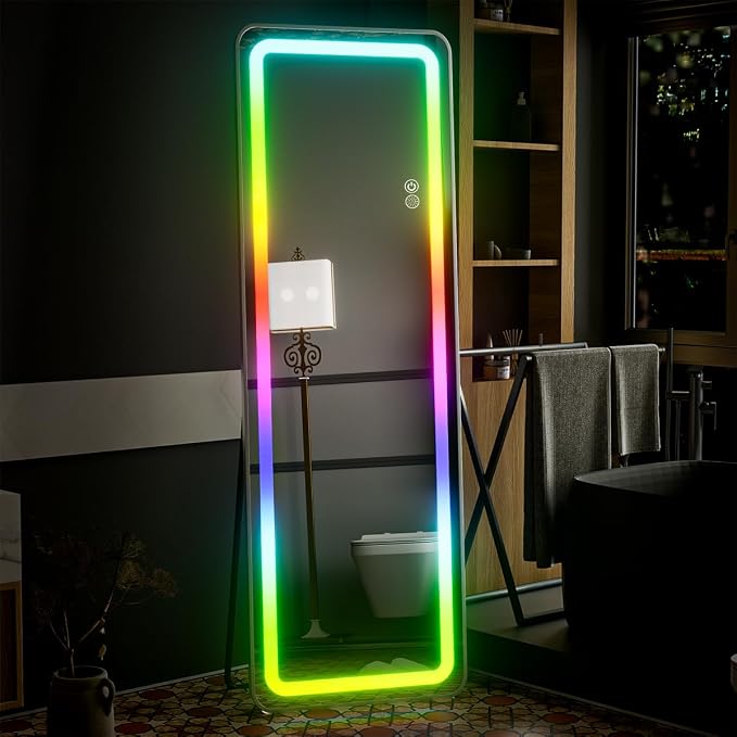 Koonmi LED Full Length Mirror, 63"x20" Full Length Lighted Mirror with Remote Control, RGB Color Changing Lights, 7 Dynamic Modes, Dimmable Brightness