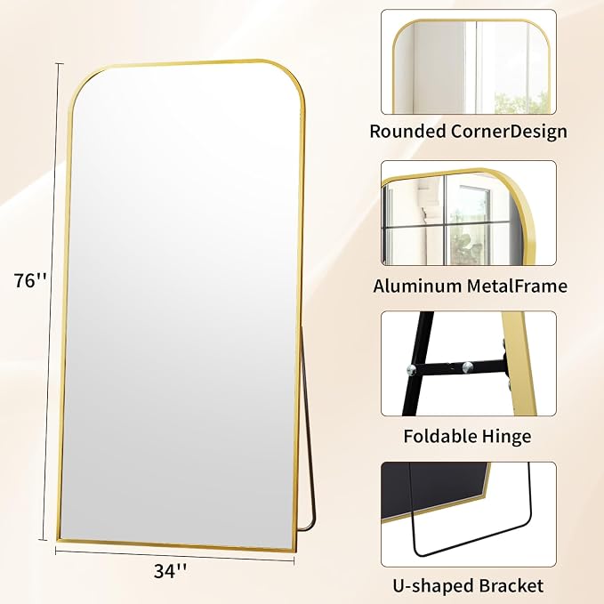 Oversized Full Length Mirror 76"x34" Arched Floor Standing Mirror | Large Full Body Mirrors with Stand - with Aluminum Frame for Bedroom Living Room, Gold