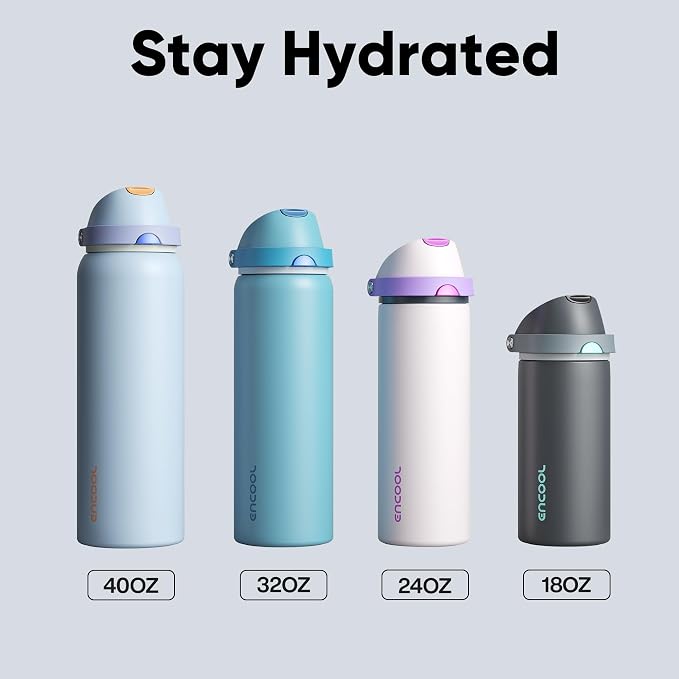 ENCOOL Insulated Water Bottle with Straw Stainless Steel Water Bottle with Push Button Lid, Leak-Proof & BPA-Free, Keeps Cold for 24 Hours for Sports, Travel, Gym (32 oz, Tuna Grey-Silver)
