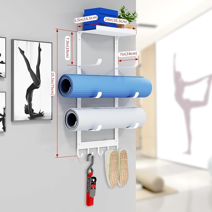 LSK Yoga Mat Holder Wall Mount, 4-Tiers Yoga Mats Storage, White | Home Gym Storage Rack with Floating Shelf for Storing Fitness, Yoga Rollers, 5 Hooks for Skipping-Rope, Small Gym Equipment