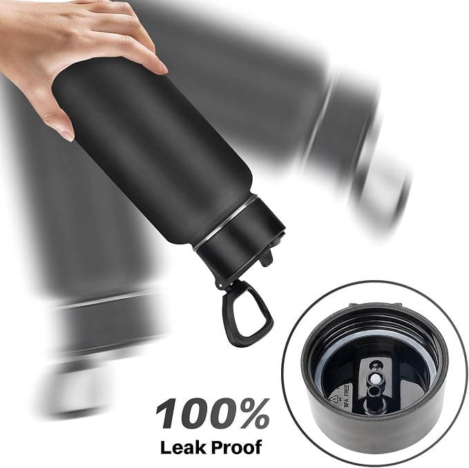 Insulated Water Bottle With Straw,32 oz Vacuum Insulated Stainless Steel Sports Water Flask,Keeps Cold and Hot,Metal Water Bottle Wide Mouth for Gym Travel Camping (Black)