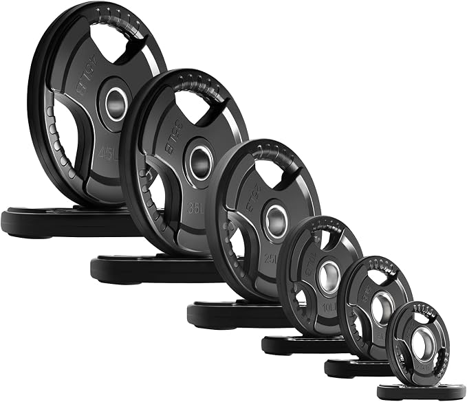 RitFit Olympic Rubber Grip Weight Plates, 2-Inch Barbell Set | Solid Iron Core, Rubber Coated, 2-Inch Olympic Bar Compatible, 3-Hole Grip, 2.5LB to 45LB Weight Options