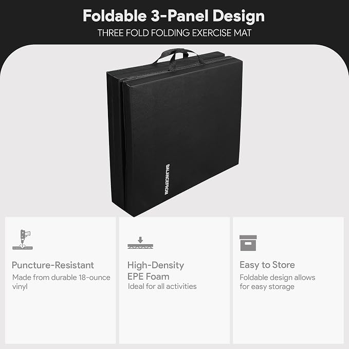 BalanceFrom 6x2 Feet 3-Panel Folding Gymnastics Mat – 2-Inch Thick Pad with Vinyl Surface and Carrying Handles for Tumbling, Yoga, Pilates, Home Workouts, and Martial Arts