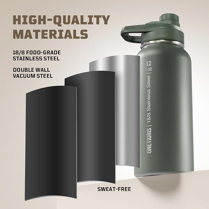 ONETIGRIS 32oz Insulated Tactical Water Bottle with Straw & MOLLE Sleeve | 3 Lids,Keeps Ice Cold 48H Hot 24H,304 Food-Grade Stainless Steel,360° Leakproof Silicone Seal,2 Straws Kit,Paracord Handle