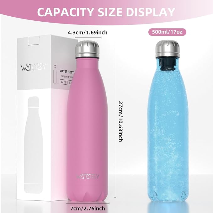 WATERSY Stainless Steel water bottles,17oz/500ml Insulated Water Bottle | Gloss Pink metal water bottle Keeps Drink Cold and Hot,BPA Free kids water bottles for School,Gym,Travel,Sports