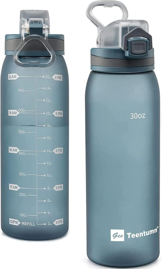 30oz Sport Water Bottle with Time Markers, Large Durable Gym Plastic Bottle for Fitness, Outdoor Enthusiasts, Leakproof (Pack of 1)