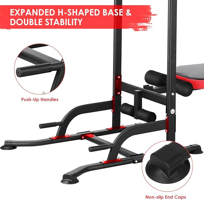 Multi-Function Power Tower with Folding Bench 4 Training Ropes | Pull Up Bar Stand with Adjustable Heights and Angles, Heavy-duty Frame, 400LBS Capacity, Home Gym Full-body Strength Training