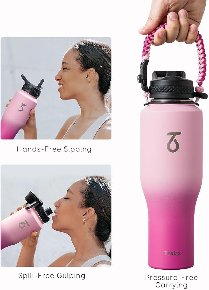 Trebo 40 oz Water Bottle Insulated Fit in Any Car Cup Holder with 2 Lids | Stainless Steel T-shape Tumbler with Paracord Handle, Triple Wall Vacuum Copper Plated, Cold 48 Hrs for Travel, Wide Mouth