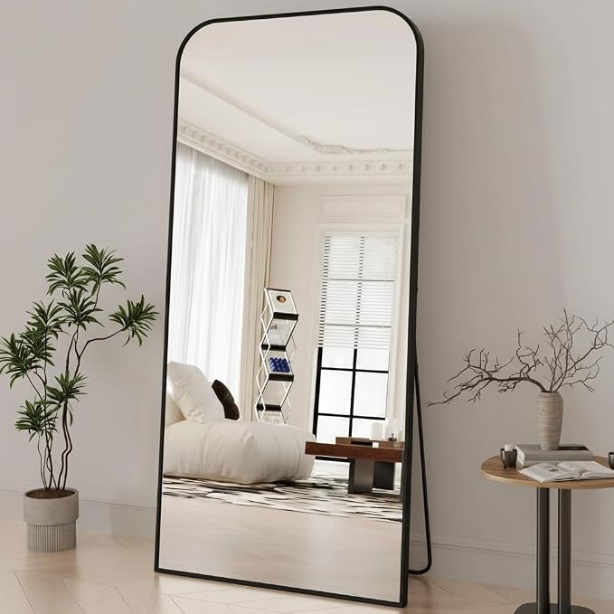 Koonmi Full Length Mirror, 71"x28" Mirror Full Length with Stand | Domed Top Square-Edged ShatterProof Floor Mirror with Black Aluminum Alloy Frame for Bedroom Living Room Home Gym