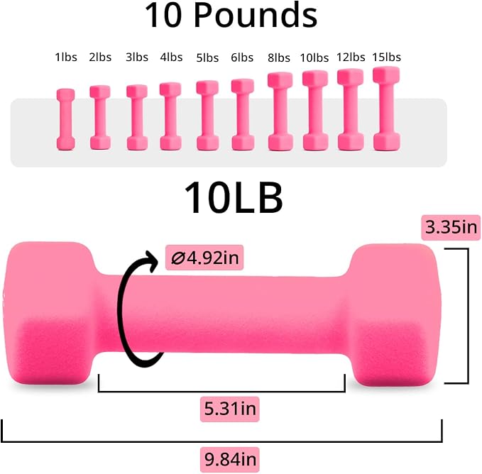 Portzon Dumbbells Neoprene with Non Slip Grip weight for Total Body Workout Compatible with of 2 Set,1-15 LB, Anti-Slip, Anti-roll, Hex Shape