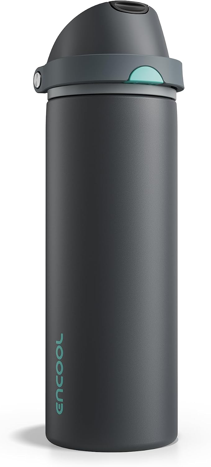Insulated Water Bottle with Straw - Encool Stainless Steel Water Bottle with Push Button Lid, Leak-Proof & BPA-Free, Keeps Cold for 24 Hours for Sports, Travel, Gym (24 oz, Tuna Grey-Green)