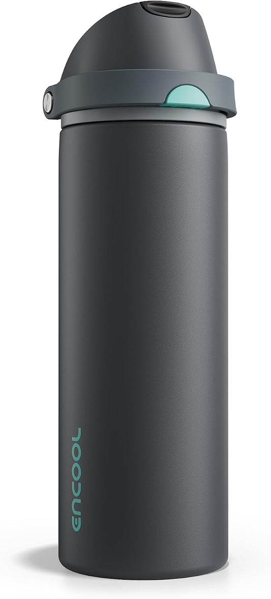 Insulated Water Bottle with Straw - Encool Stainless Steel Water Bottle with Push Button Lid, Leak-Proof & BPA-Free, Keeps Cold for 24 Hours for Sports, Travel, Gym (24 oz, Tuna Grey-Green)
