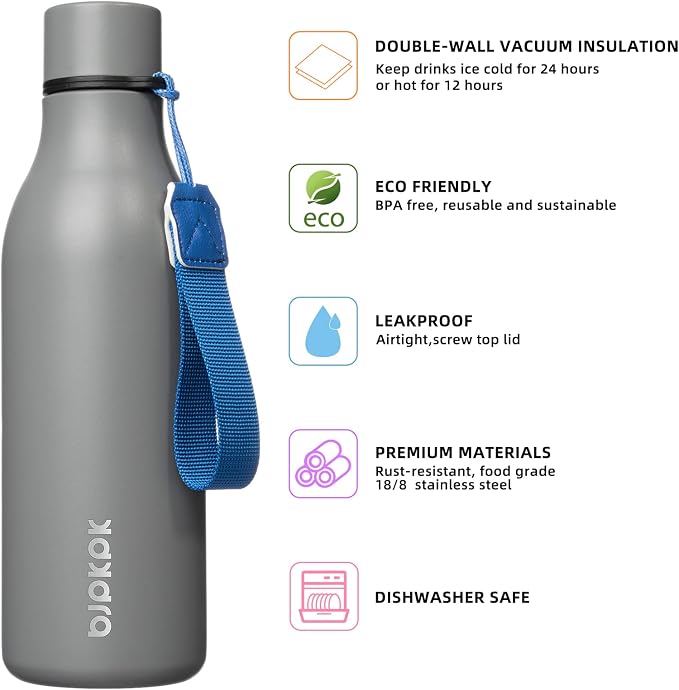 BJPKPK 18oz Insulated Water Bottle, Stainless Steel Bottle with Carry Strap | Keep Cold & Hot Vacuum Insulation, Leak-Proof BPA-Free Design, Slim Bottle Fits Most Cup Holders for Gym, Office & Travel