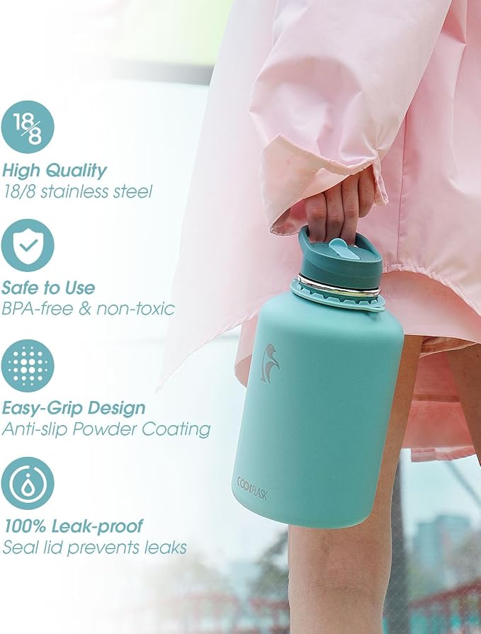 Coolflask Insulated Water Bottle 64 oz with Straw, Half Gallon Large Water Jug with Straw & Spout Lids, Vacuum Stainless Steel Metal Flask, Keep Cold 48h Hot 24h, Leak Proof & Non-BPA, Agate Green | 64 oz Large Water Jug with Straw & Spout Lids,Triple-...