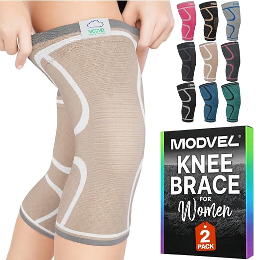 Modvel 2 Pack Knee Brace for Women - Knee Support for Walking, Knee Compression Sleeves for Pain Relief, Knee Sleeves for Women, Knee Brace for Sports, Workouts & Arthritis