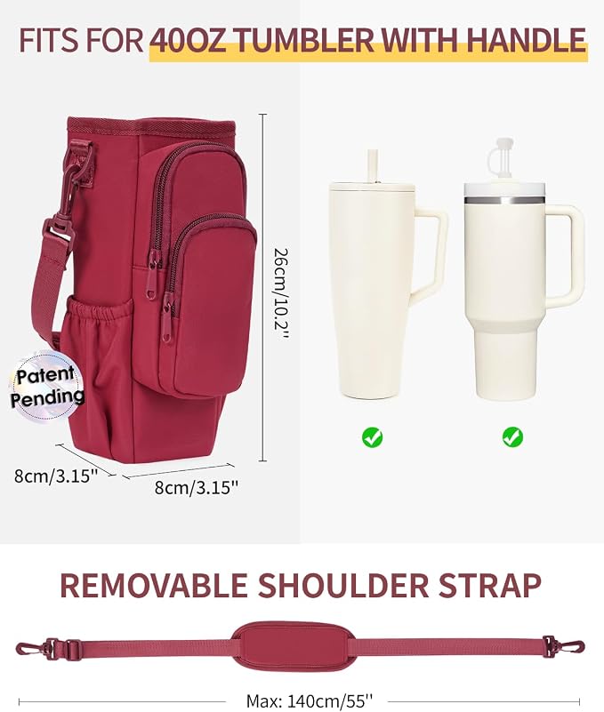 sportsnew 30/40oz Crossbody Water Bottle Holder Anti-Tip Tumbler Carrier | Lightweight Bottle Sling Fits Handled Tumbler w/ Phone Pocket, Adjustable Strap, Insulated Lining, Hands-free for Hiking Gym