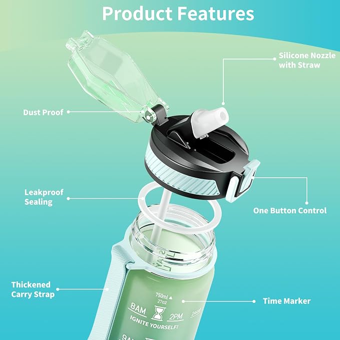 QLUR Water Bottle with Straw, 27oz Motivational Water Bottles with Time Marker to Drink, Tritan BPA Free, 750ml Sports Water Bottle with Carry Strap LeakProof for School Fitness Outdoor (1Pack)