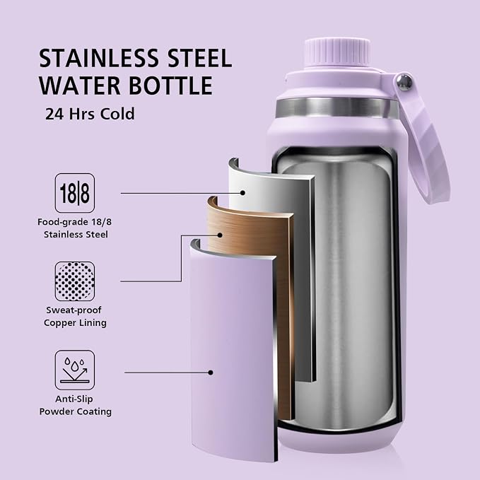 GREYLOCK 40 oz Insulated Water Bottle with Straw Lid, Leakproof Reusable Stainless Steel Vacuum Flask, 24hr Cold & Hot, Carry Handle & Silicone Spout, BPA-Free for Gym, Hiking, Travel,Purple