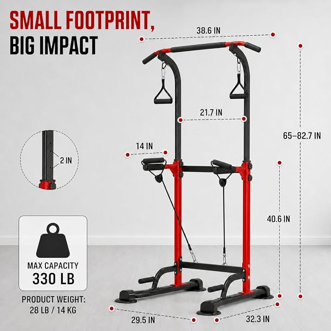 Power Tower Pull Up Dip Station Adjustable Height 330lbs Home | Space-Saving Design,Easy to Assemble,Pull-Ups,Dips,Push-Ups,Strength Training,Improving Posture,Fits Users Under 6 FT