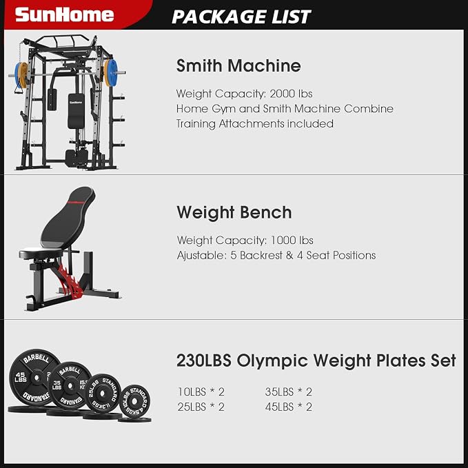 SunHome Smith Machine, 2000LBS Power Cage Squat Rack with Smith Bar, LAT Pull-Down Systems, Cable Crossover Machine for Home Gym
