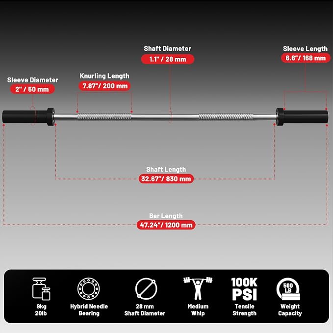 PAPABABE 4ft/5ft/6ft/6.5ft Barbell 2" Short Barbell for Strength Training | 4ft/5ft/6ft/6.5ft Straight Barbell, Womens Olympic Bar with Moderate Knurling for Squats Curls Deadlifts, Weightlifting