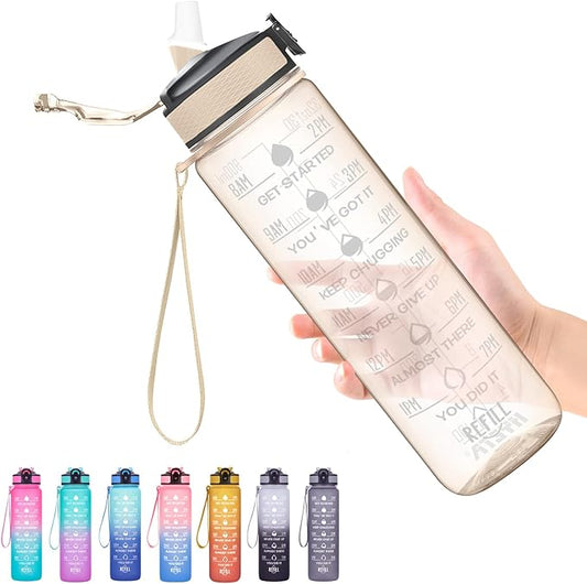 Hyeta Water Bottle with Straw & Time Marker, Plastic 32oz Leakproof | Motivational Tritan BPA Free Gym Office Outdoor Intake Tracker Hourly Reminder Straw Lid Carry Strap