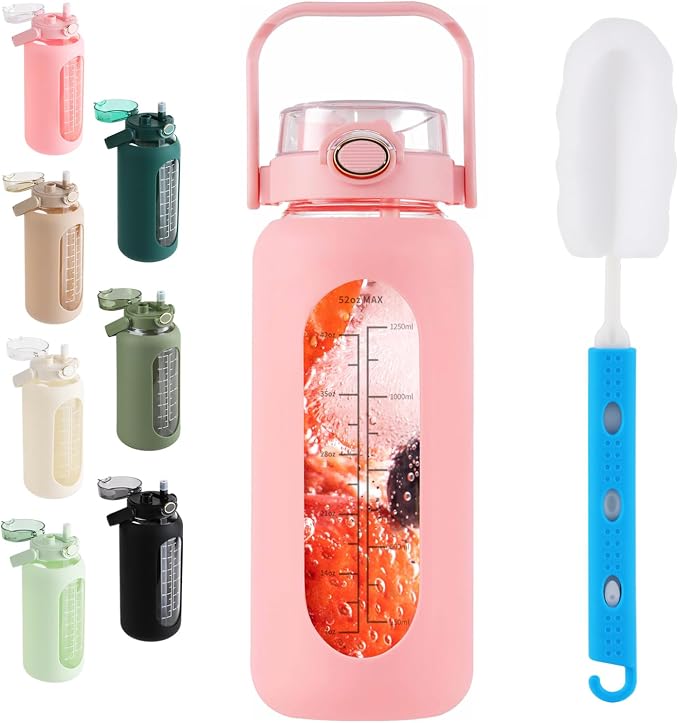52 oz Glass Water Bottle with 2-in-1 Straw Lid Large Half Gallon Water Bottle with Time Marker & Removable Silicone Sleeve,Wide Mouth BPA-Free Borosilicate Bottle for Gym, Workout & Daily Use