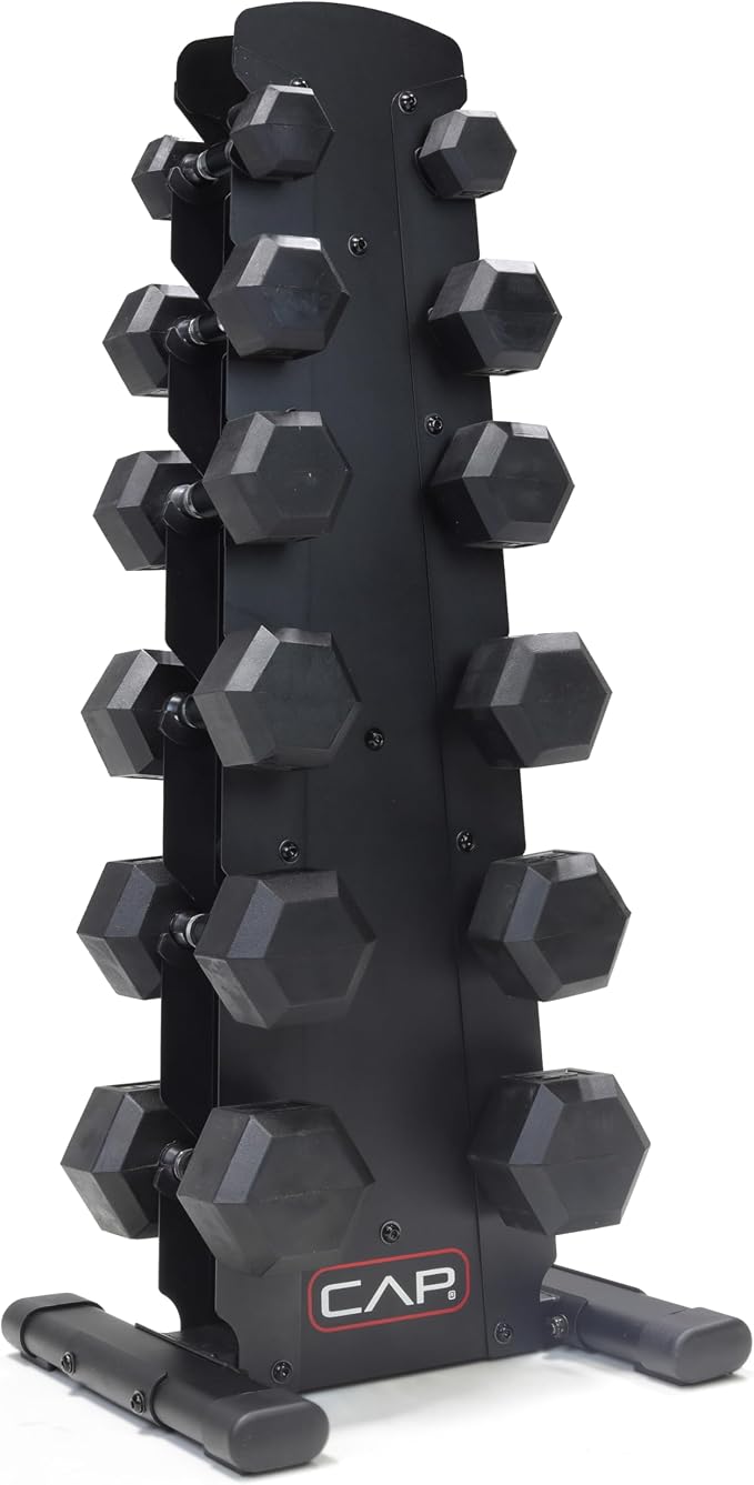CAP Rubber Coated Hex Dumbbell Set with Storage Rack | 100–210 lb Options, Space-Saving Vertical Compact Storage for Home Gym Strength Training