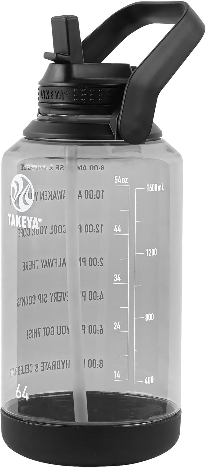 Takeya Motivational Water Bottle with Straw Lid and Time Marker (64 oz, Stormy Black) - Leakproof, BPA Free Water Bottle for Daily Intake Tracking