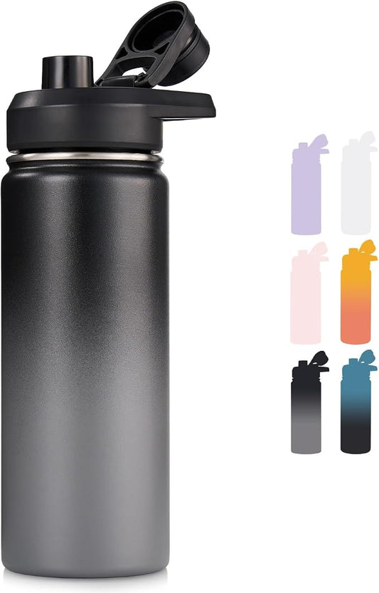 Fijinhom Insulated Water Bottle with Handle, 304 Stainless Steel Water Bottles with Wide Mouth, Double Wall Vacuum Sports Water Bottle, BPA Free, Keep Cold and Hot, 18 Ounces, Black/Gray