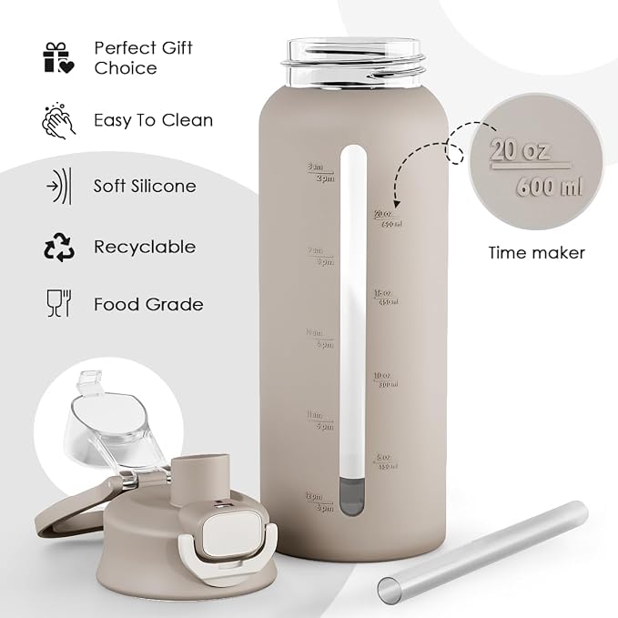 SANDJEST Glass Water Bottle with Silicone Sleeve 24oz with Lid, Motivational Time Marker, Drinking Hydration Glass Bottles for Men Women, Gym Travel Sports (Gray)