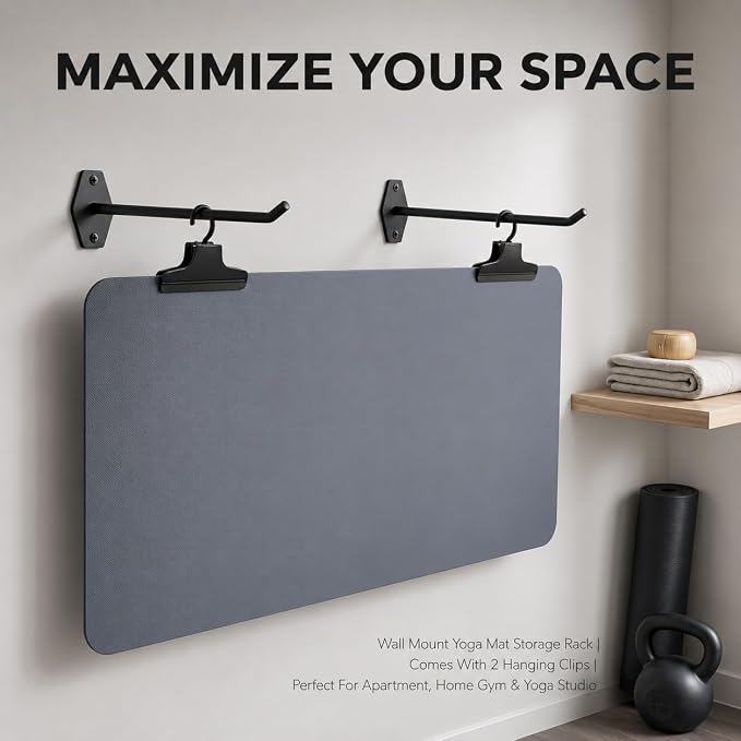 Heavy Duty Yoga Mat Holder Wall Mount & 2 Clip - for All Yoga Pilates | Yoga Mat Holder, Hanging Exercise Mat Storage Rack for All Fitness Mats, Space Saving(<20 lbs)