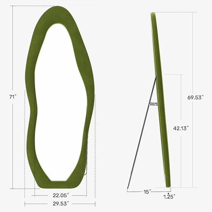 Full Length Mirror, 71"x30" Flannel Floor Mirrors with Stand | Irregular Wavy Mirror, Full Body Tempered Glass Mirror Hanging or Leaning Wall for Bedroom Living Room, Green