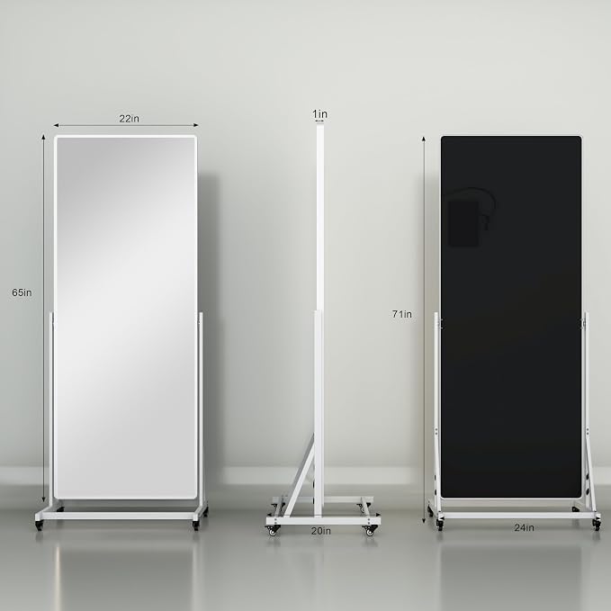 71"x24" LED Full Length Rolling Mirror 360° Rotate, Dimmable | Tempered glass & metal frame, 3-color dimmable lighting, swivel & lockable wheels, ideal for dance studio & cloakroom