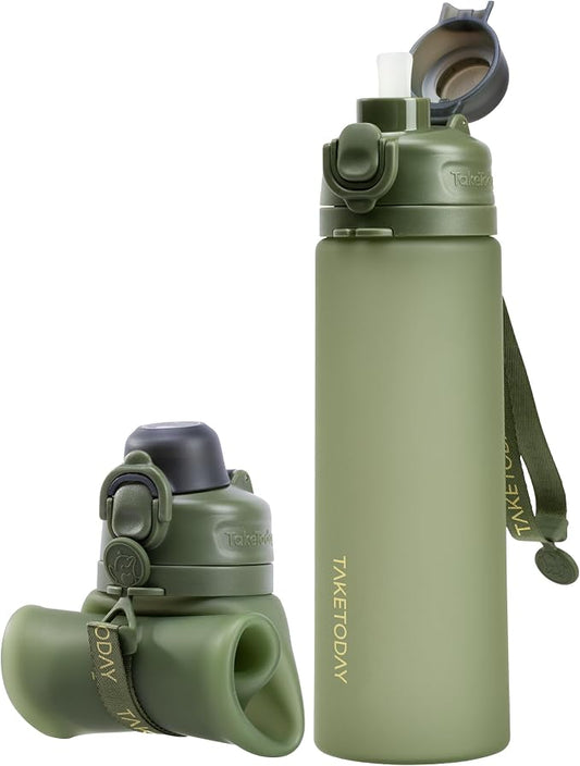 TakeToday Collapsible Water Bottles 21oz (600mL), Foldable Platinum Silicone Travel Water Bottle with Straw & Carry Strap, Leak-Resistant Screw Lid, Wide Mouth, BPA-Free for Hiking, Camping, Travel