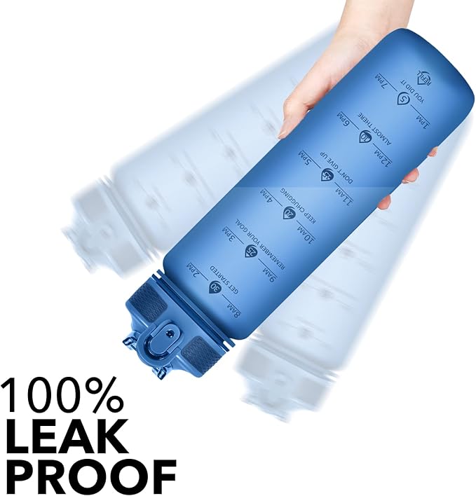 Hyeta Plastic Water Bottle With Straw & Time Marker, 32oz Leakproof Jug | Motivational Tritan BPA Free Gym Office Outdoor Intake Tracker Hourly Reminder Straw Lid Lightweight