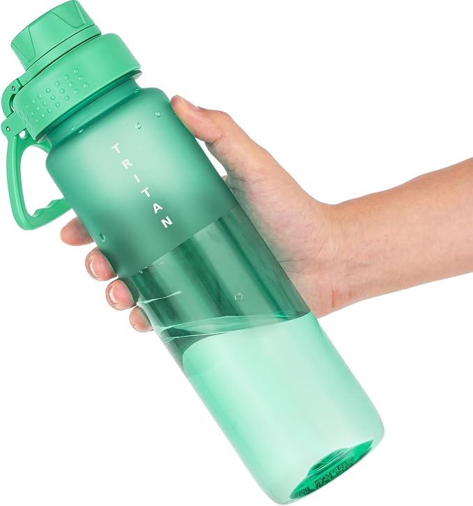 OLDLEY 32oz Water Bottle with Handle, BPA-Free Tritan Reusable Sports Water Bottle with Leak-Proof Dust Lid, Wide Mouth, Cup Holder Friendly, Half Frosted Clear Bottle for Gym,Travel,Work,Mint Green