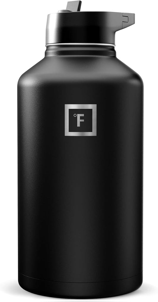 IRON °FLASK 64 oz Wide Mouth Water Bottle with Straw | Insulated Half Gallon Water Bottle with Leakproof Straw Lid - BPA Free, Cold 24 Hrs, Sweat Free (Midnight Black)