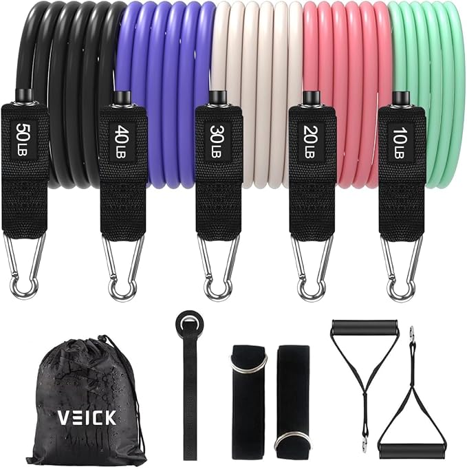VEICK 10-150LBS Resistance Bands with Handles, Ankle Straps, Door Anchor | Accredited Lab Certified, 100% Natural Latex, Versatile for Yoga, Pilates, Strength, Home Gym