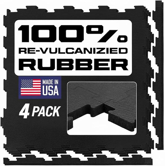 Interlocking Rubber Floor Tiles – Heavy Duty 100% Rubber Gym Flooring for Home Gym, Garage, Workout Room, Equipment Mats, Indoor/Outdoor Mats, Gray Fleck 4-Pack (4, Black, 22.5" x 22.5")