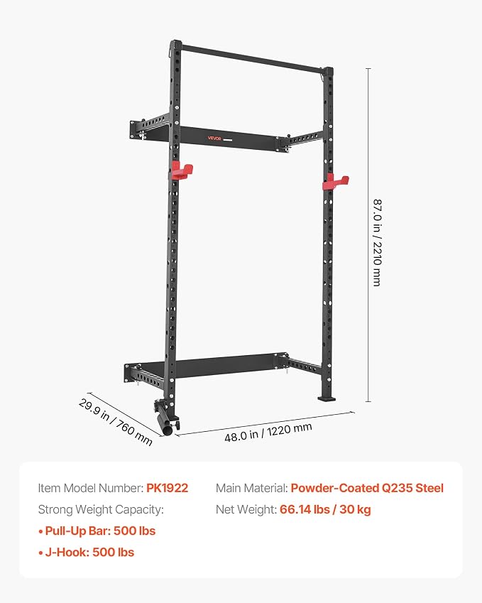 VEVOR Folding Power Cage, Wall-Mounted Power Rack Squat Rack, Multifunctional Strength Training Workout Equipment with Landmine Holder, Adjustable J-Hooks & Pull-Up Bar for Home Gym, 1000LBS Capacity