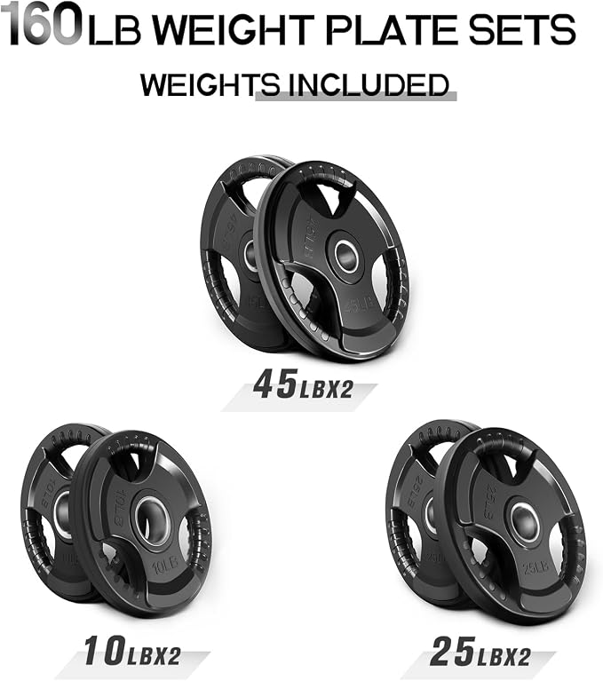 RitFit Olympic Rubber Grip Weight Plates, 2-Inch Barbell Set | Solid Iron Core, Rubber Coated, 2-Inch Olympic Bar Compatible, 3-Hole Grip, 2.5LB to 45LB Weight Options