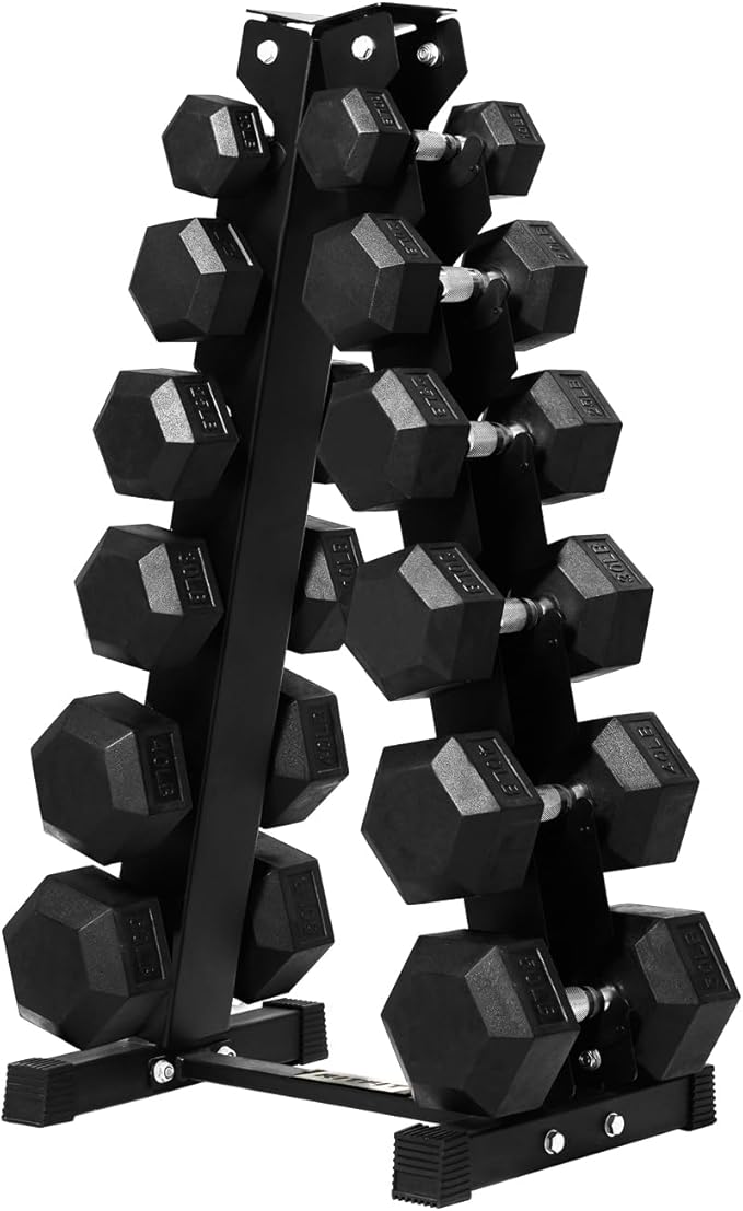 RitFit Rubber Hex Dumbbell Set with Storage Weight Rack | Rubber Heavy-Duty Coated Cast Iron, Knurled Chrome Handle, Space-Saving Storage for Home Gym Strength Training