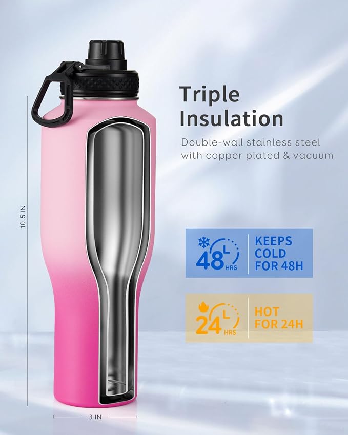 Trebo 40 oz Water Bottle Insulated Fit in Any Car Cup Holder with 2 Lids | Stainless Steel T-shape Tumbler with Paracord Handle, Triple Wall Vacuum Copper Plated, Cold 48 Hrs for Travel, Wide Mouth