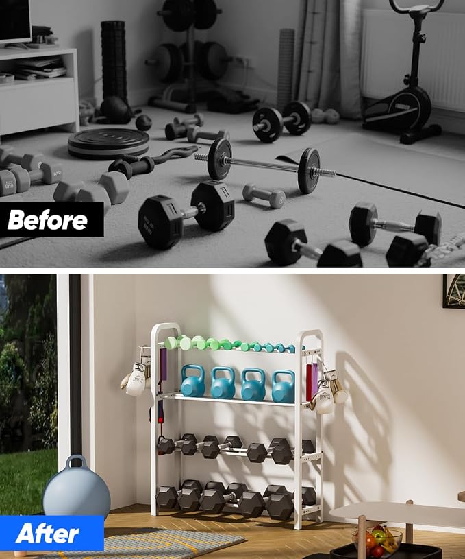 Adjustable Dumbbell Rack, Weight Storage Stand Holder for Dumbbells & Kettlebells, Heavy-Duty Home Gym Organizer with 6 Hook for Home Gym Equipment Accessories (Rack Only)