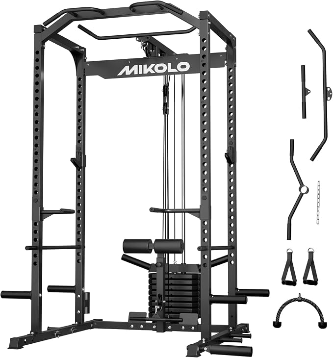 Mikolo F4 2.0 Power Cage with Dual-Track Smooth Pulley System, 1200LBS Power Rack with Leg Hold-Down for Heavy LAT Pulldowns