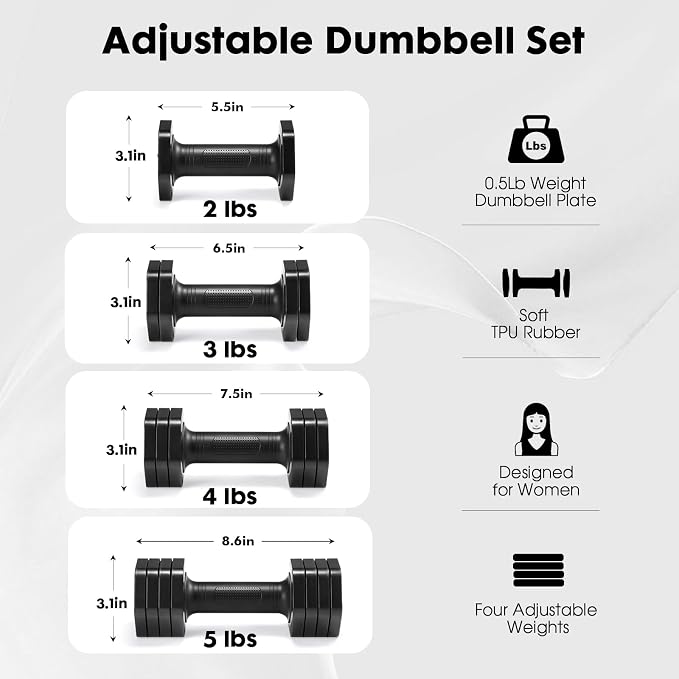 EQUIPRO Adjustable Dumbbell Set, 4 in 1 Free Weights Dumbbells Set for Women, Weights for Women at Home, 2lb 3lb 4lb 5lb with TPU Soft Rubber Handle for Home Gym Exercise Training