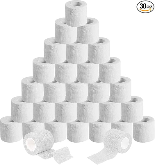 KISEER 30 Pack 2 Inch x 5 Yards White Self Adhesive Bandage Breathable Cohesive Bandage Wrap Rolls Elastic Self-Adherent Tape for Stretch Athletic, Sports, Wrist, Ankle