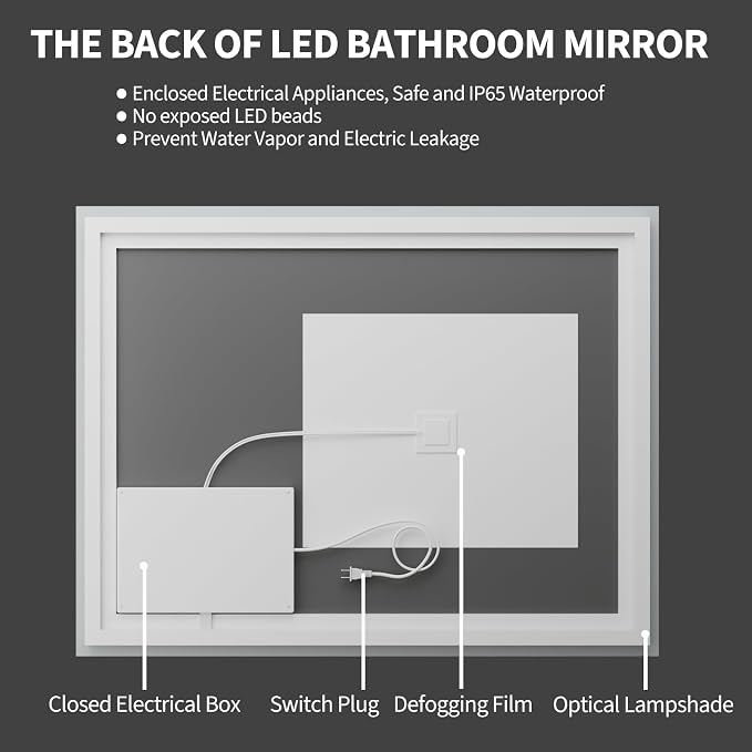 Koonmi 48x36 LED Bathroom Mirror with Light, Anti-Fog, 3 Colors | Backlit + Front Lit, Dimmable Brightness, Shatterproof HD Distortion-Free Tempered Glass, Hardware Included
